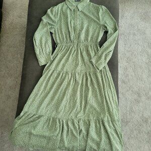 Shein Long Sleeve Maxi Dress Prairie Tiers Belt Green Floral sz L US 8/10 Cute
